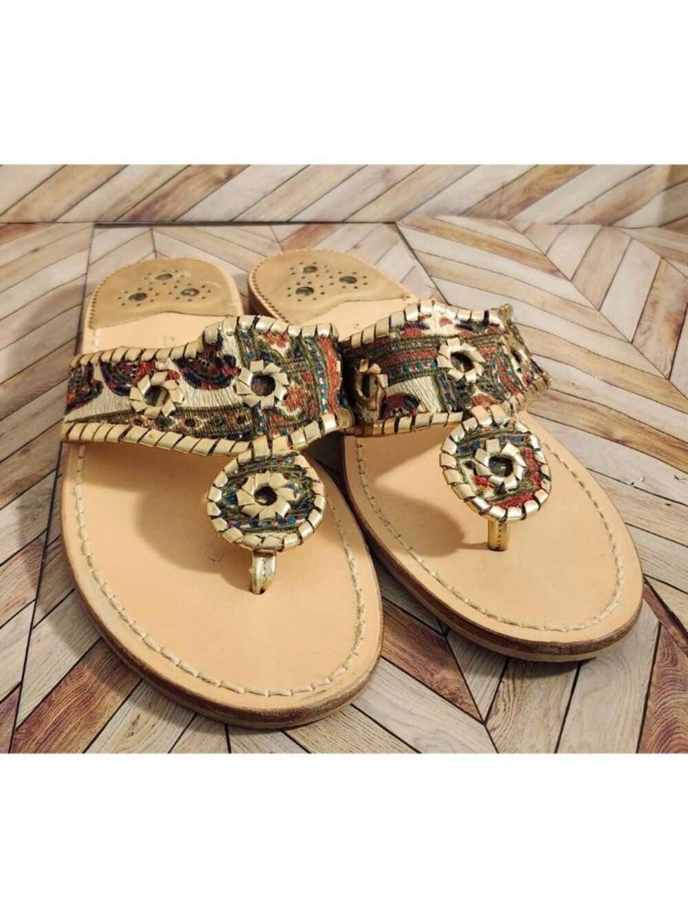 Women Jack Rogers Aztec Print Gold Navajo Thong Flip Flop Sandal Shoe Size 9 M